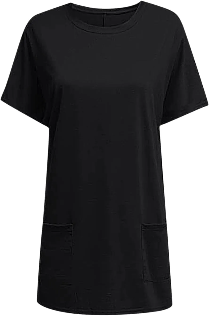 Womens Tunic Tops for Leggings Summer Short Sleeve Casual Long T Shirts Fashion Oversized Crew Neck Tops with Pockets