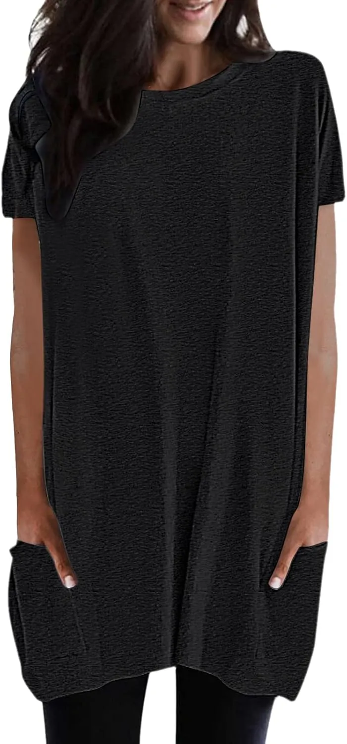 Womens Tunic Tops for Leggings Summer Short Sleeve Casual Long T Shirts Fashion Oversized Crew Neck Tops with Pockets