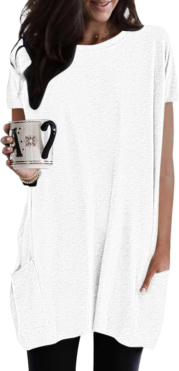 Womens Tunic Tops for Leggings Summer Short Sleeve Casual Long T Shirts Fashion Oversized Crew Neck Tops with Pockets