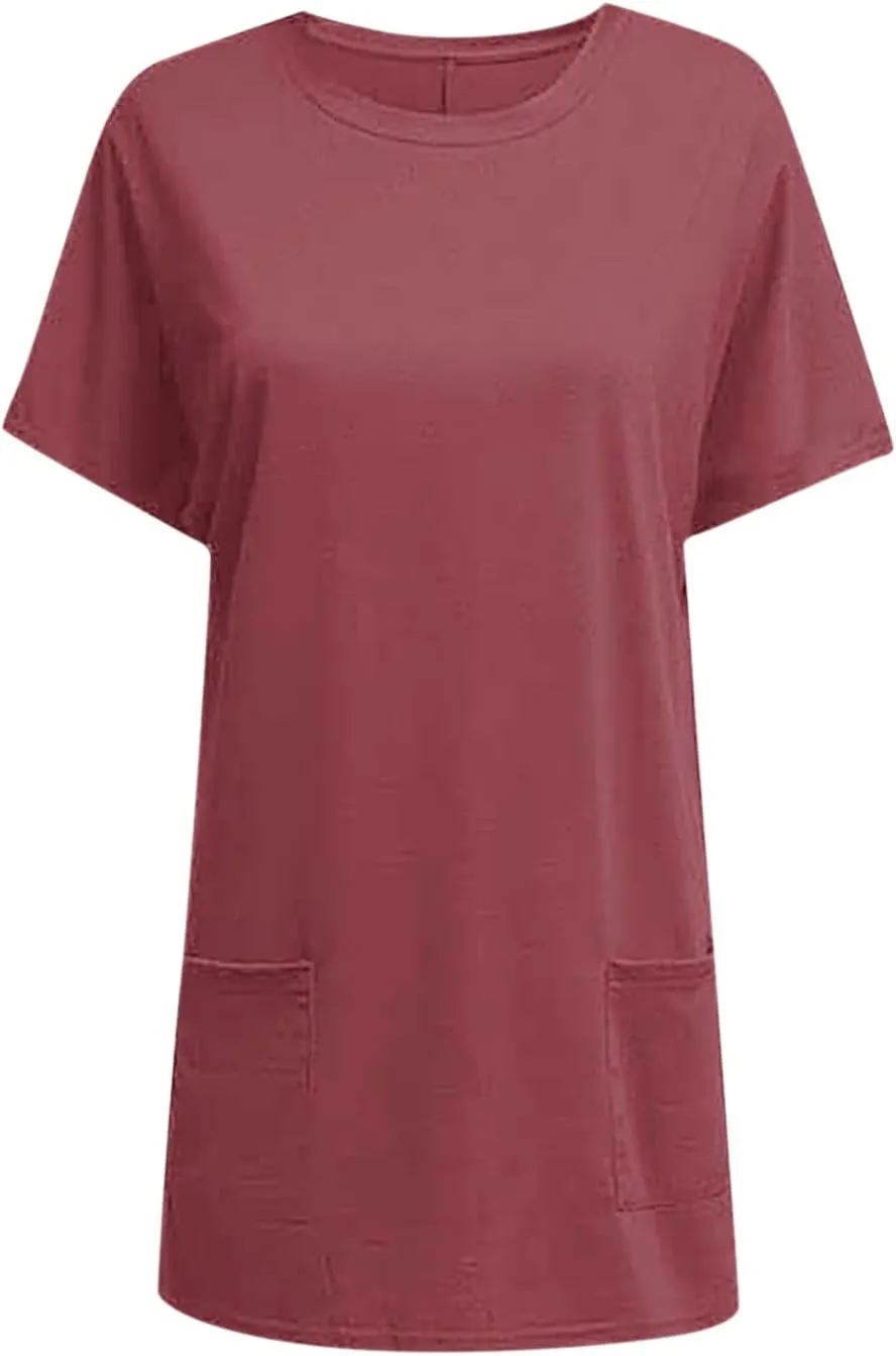 Womens Tunic Tops for Leggings Summer Short Sleeve Casual Long T Shirts Fashion Oversized Crew Neck Tops with Pockets