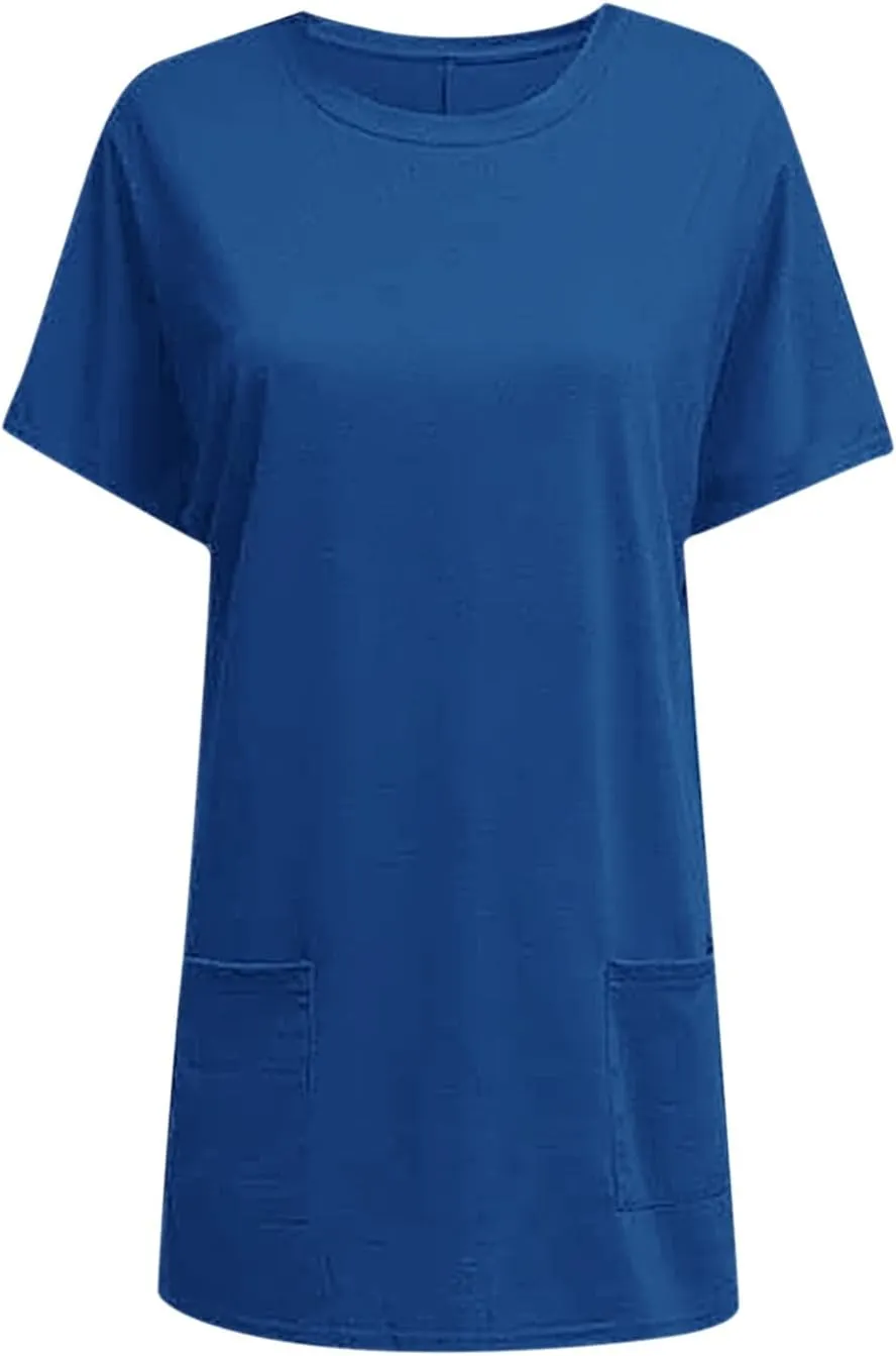 Womens Tunic Tops for Leggings Summer Short Sleeve Casual Long T Shirts Fashion Oversized Crew Neck Tops with Pockets