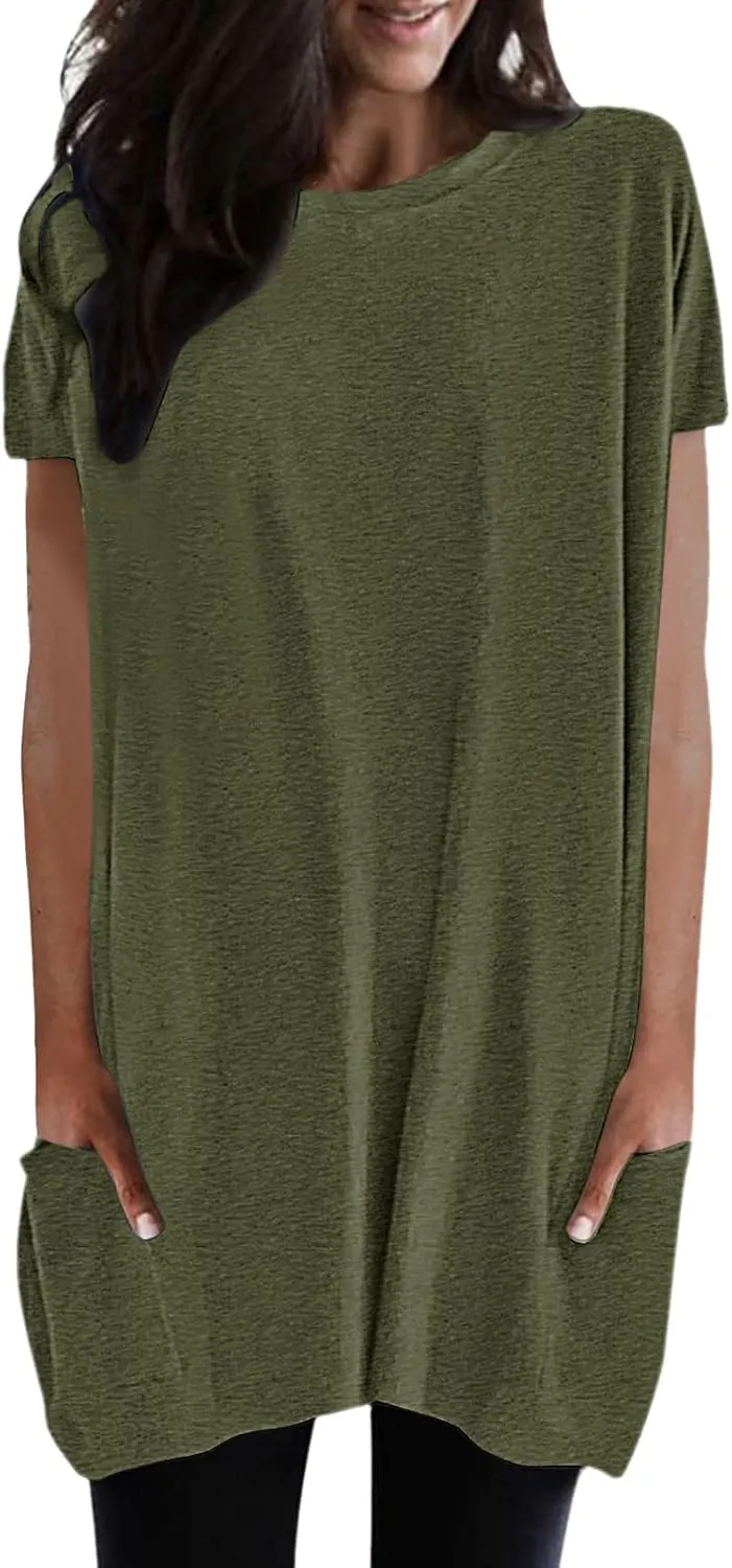 Womens Tunic Tops for Leggings Summer Short Sleeve Casual Long T Shirts Fashion Oversized Crew Neck Tops with Pockets