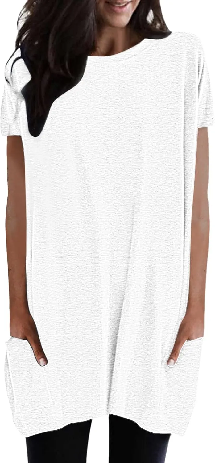 Womens Tunic Tops for Leggings Summer Short Sleeve Casual Long T Shirts Fashion Oversized Crew Neck Tops with Pockets