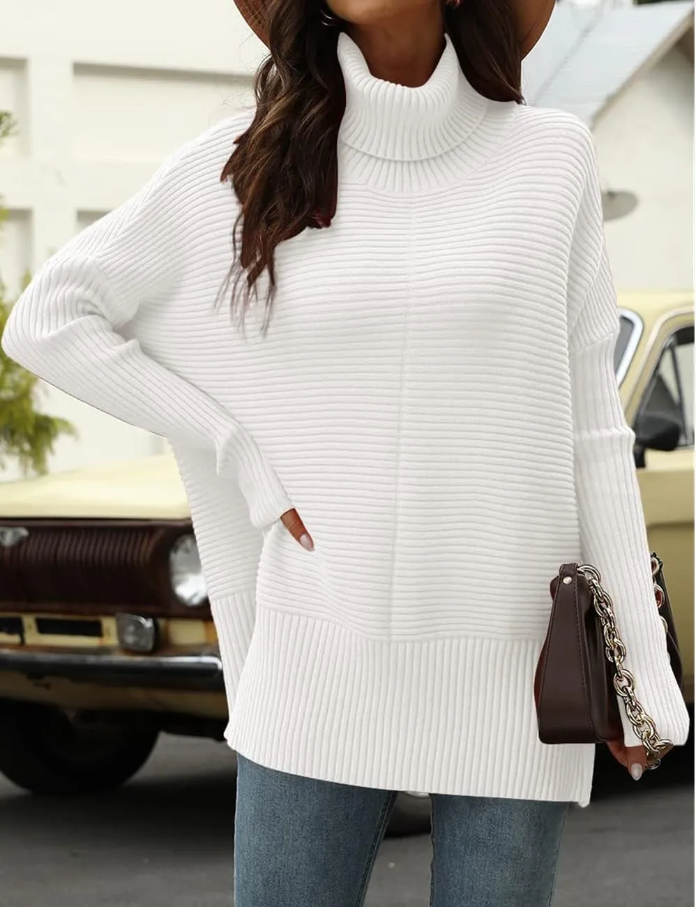 Women's Turtleneck Oversized Sweater Casual Long Batwing Sleeve Split Hem Tunic Knit Pullover Jumper Tops