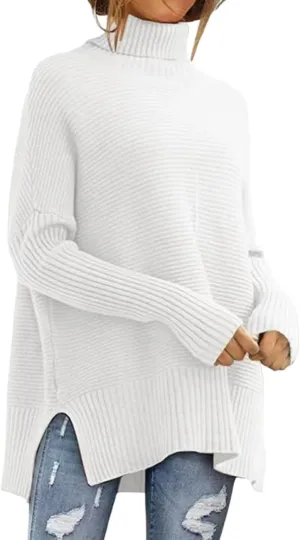 Women's Turtleneck Oversized Sweater Casual Long Batwing Sleeve Split Hem Tunic Knit Pullover Jumper Tops