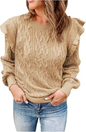 Womens Turtleneck Oversized Sweaters Ruffled Long Sleeve Pullover Loose Chunky Knit Jumper Sweater Casual Knitwear