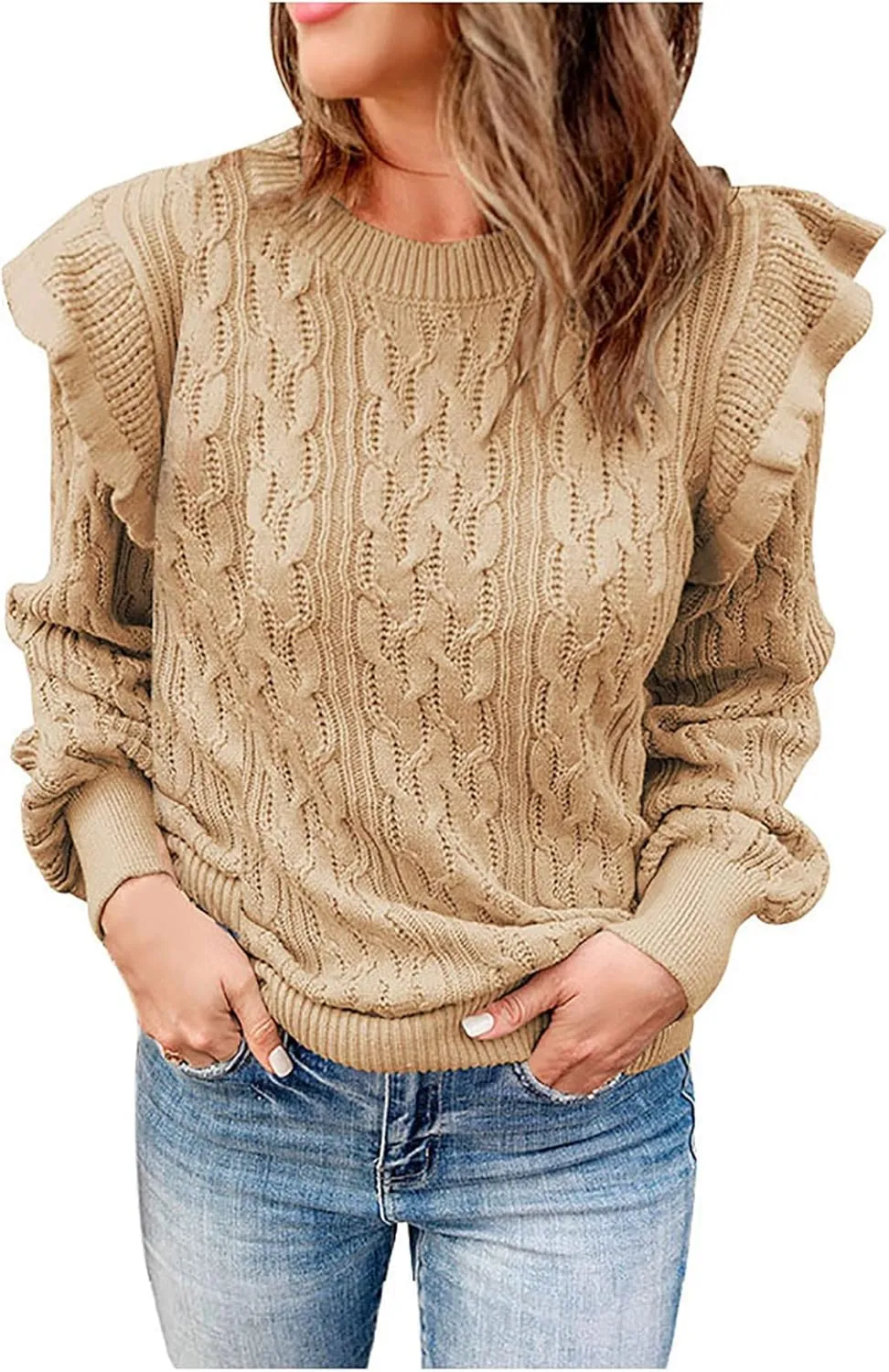 Womens Turtleneck Oversized Sweaters Ruffled Long Sleeve Pullover Loose Chunky Knit Jumper Sweater Casual Knitwear