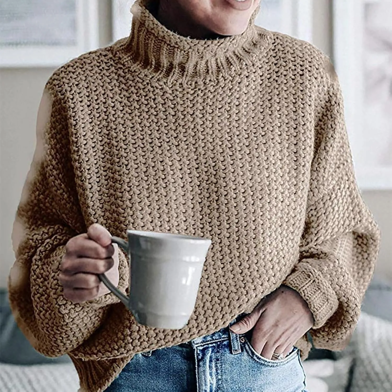 Women's Turtleneck Sweater 2024 Sleeve Knit Solid Color Sweater Pullover Top Fall Tops Cute
