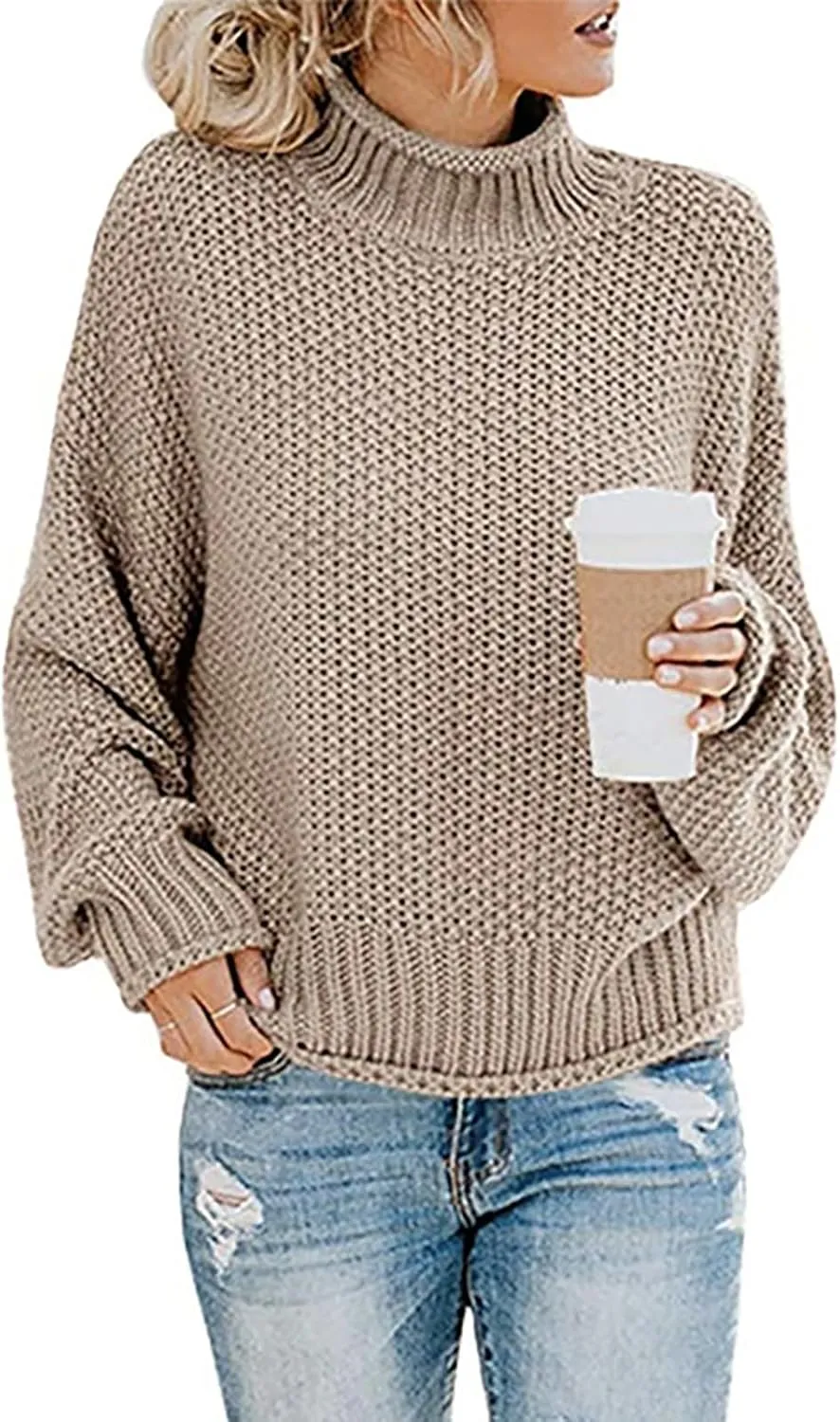 Women's Turtleneck Sweater 2024 Sleeve Knit Solid Color Sweater Pullover Top Fall Tops Cute