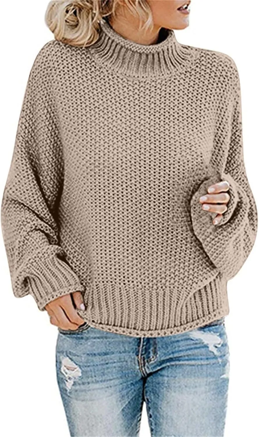 Women's Turtleneck Sweater 2024 Sleeve Knit Solid Color Sweater Pullover Top Fall Tops Cute