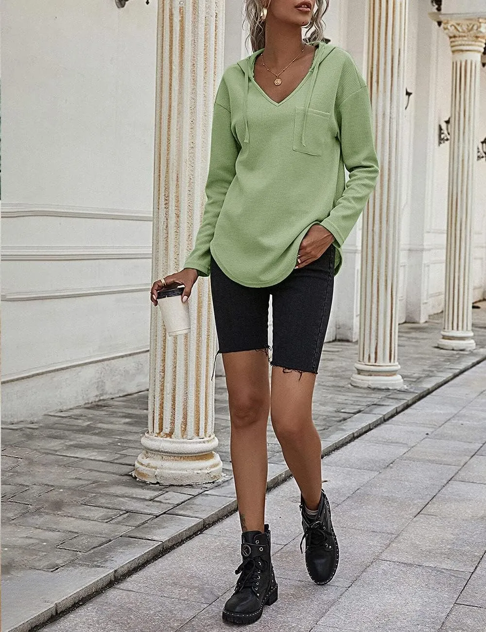 Women's V Neck Hoodies Long Sleeve Sweatshirt Drawstring Pullover Tops with Pocket