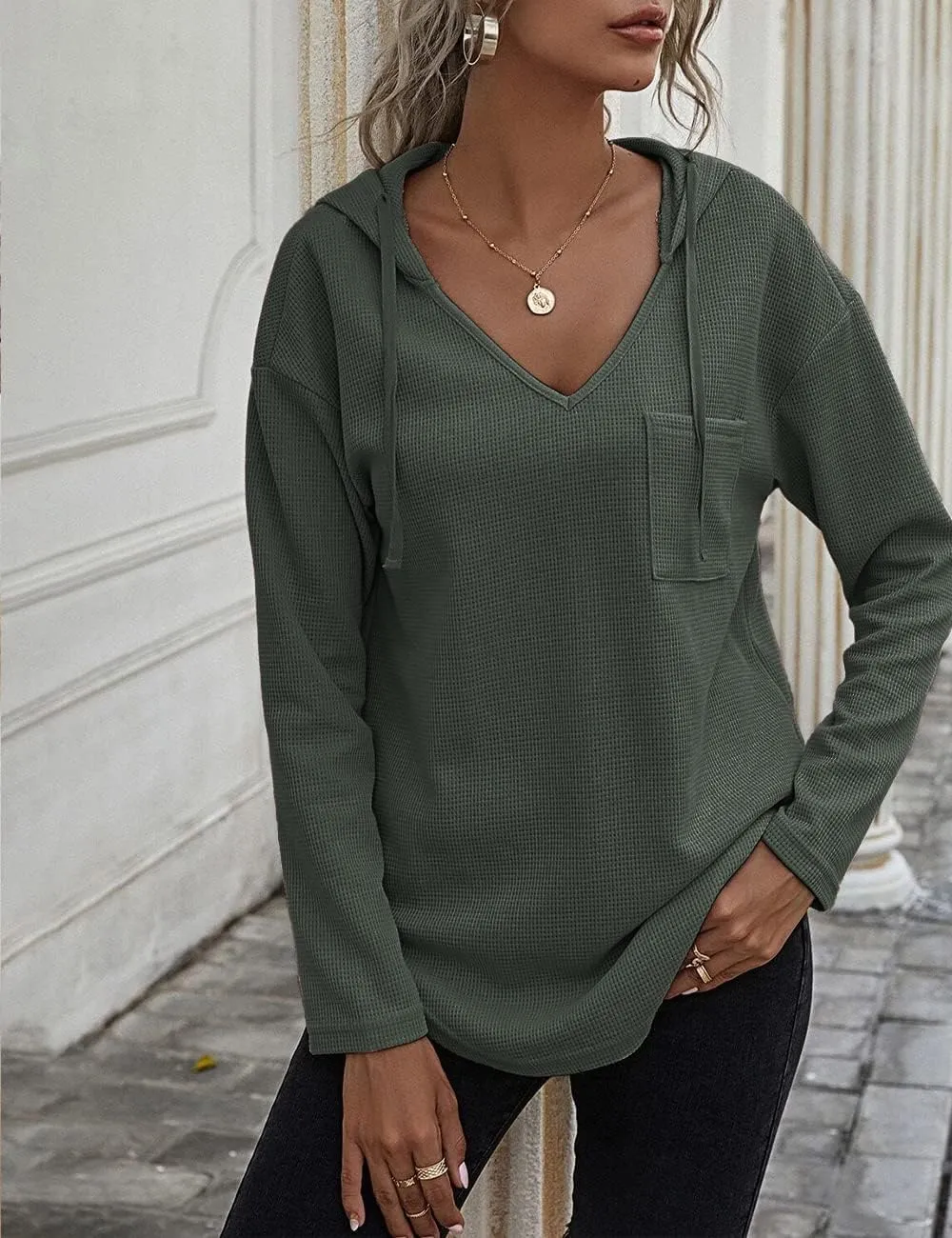 Women's V Neck Hoodies Long Sleeve Sweatshirt Drawstring Pullover Tops with Pocket