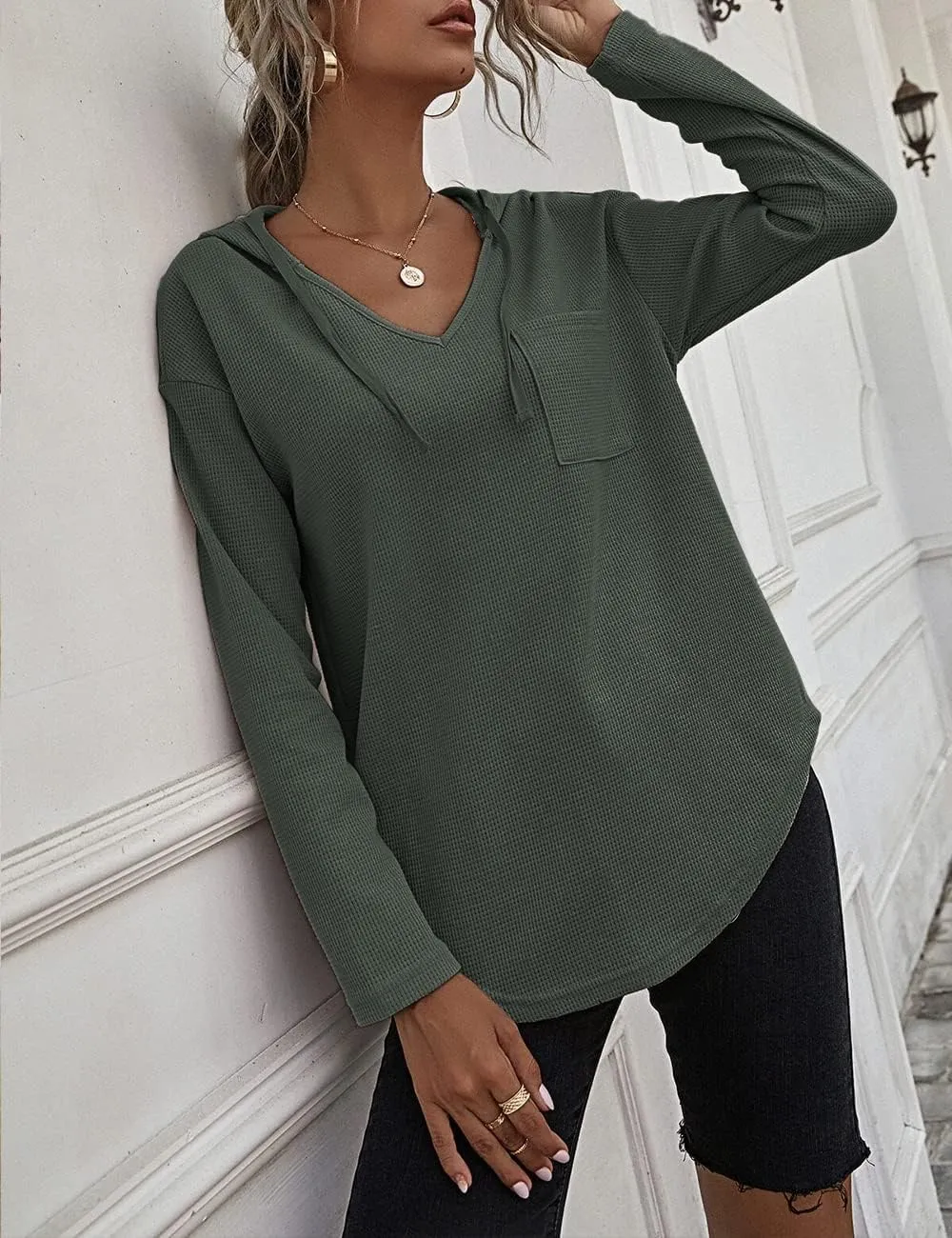 Women's V Neck Hoodies Long Sleeve Sweatshirt Drawstring Pullover Tops with Pocket