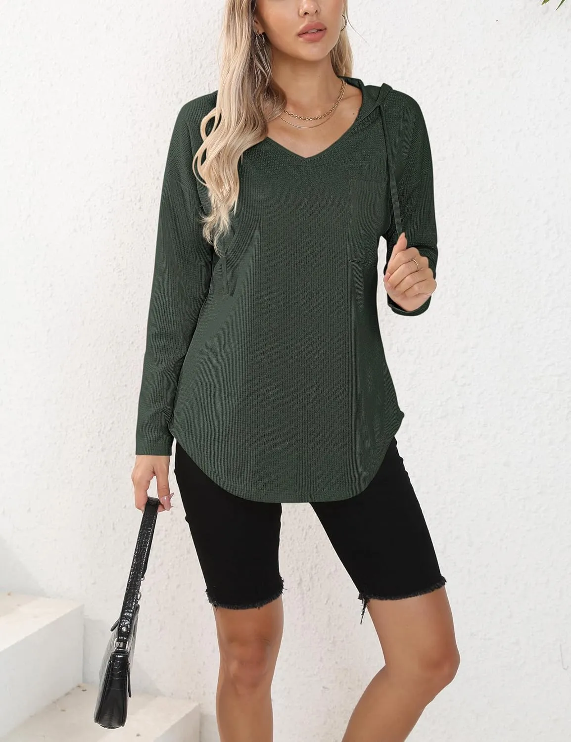 Women's V Neck Hoodies Long Sleeve Sweatshirt Drawstring Pullover Tops with Pocket