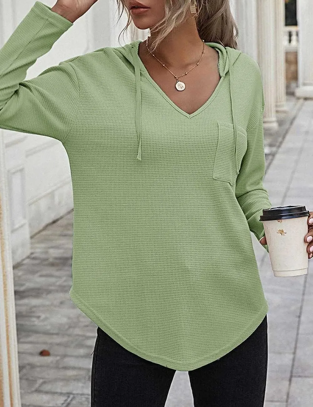 Women's V Neck Hoodies Long Sleeve Sweatshirt Drawstring Pullover Tops with Pocket