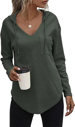 Women's V Neck Hoodies Long Sleeve Sweatshirt Drawstring Pullover Tops with Pocket