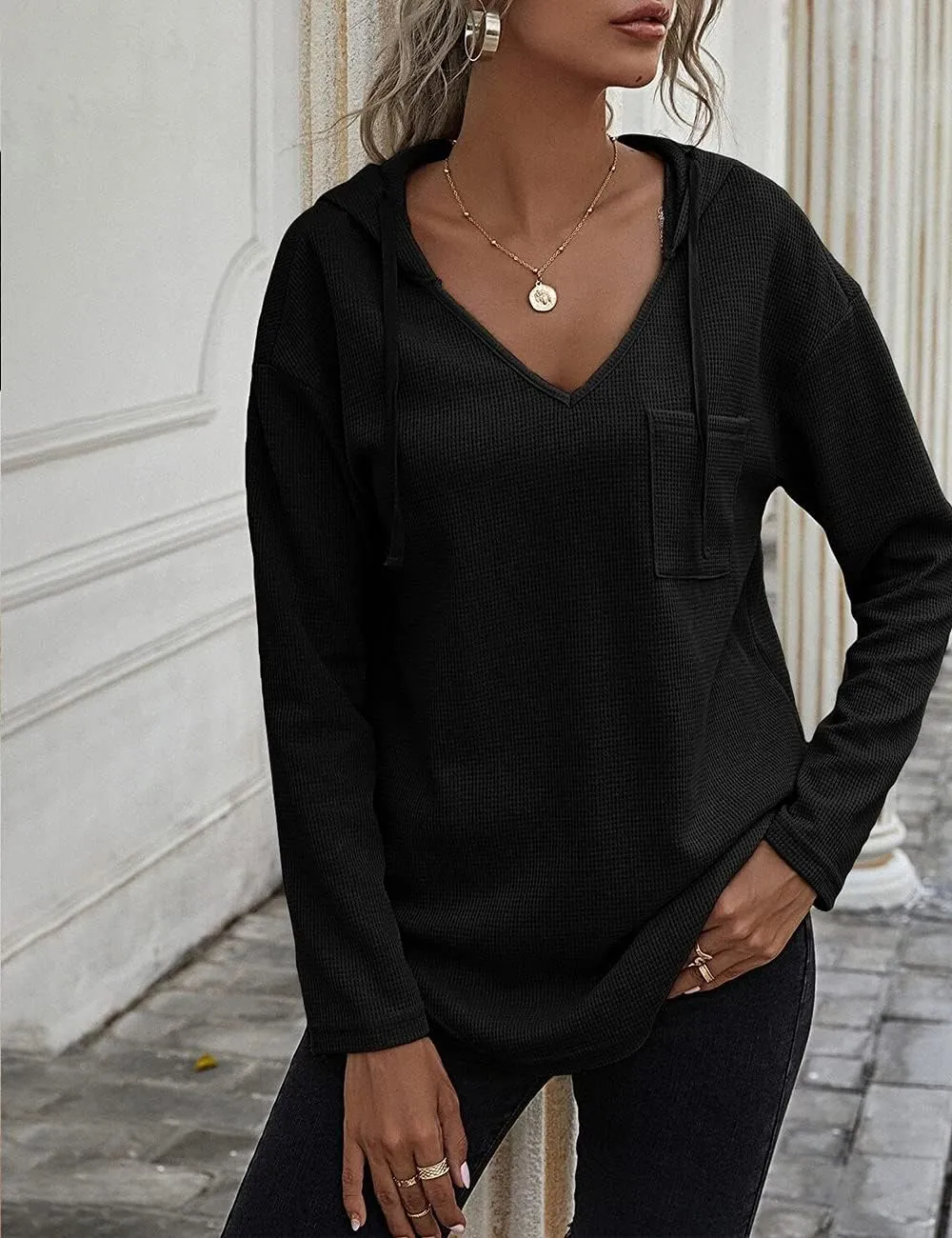 Women's V Neck Hoodies Long Sleeve Sweatshirt Drawstring Pullover Tops with Pocket