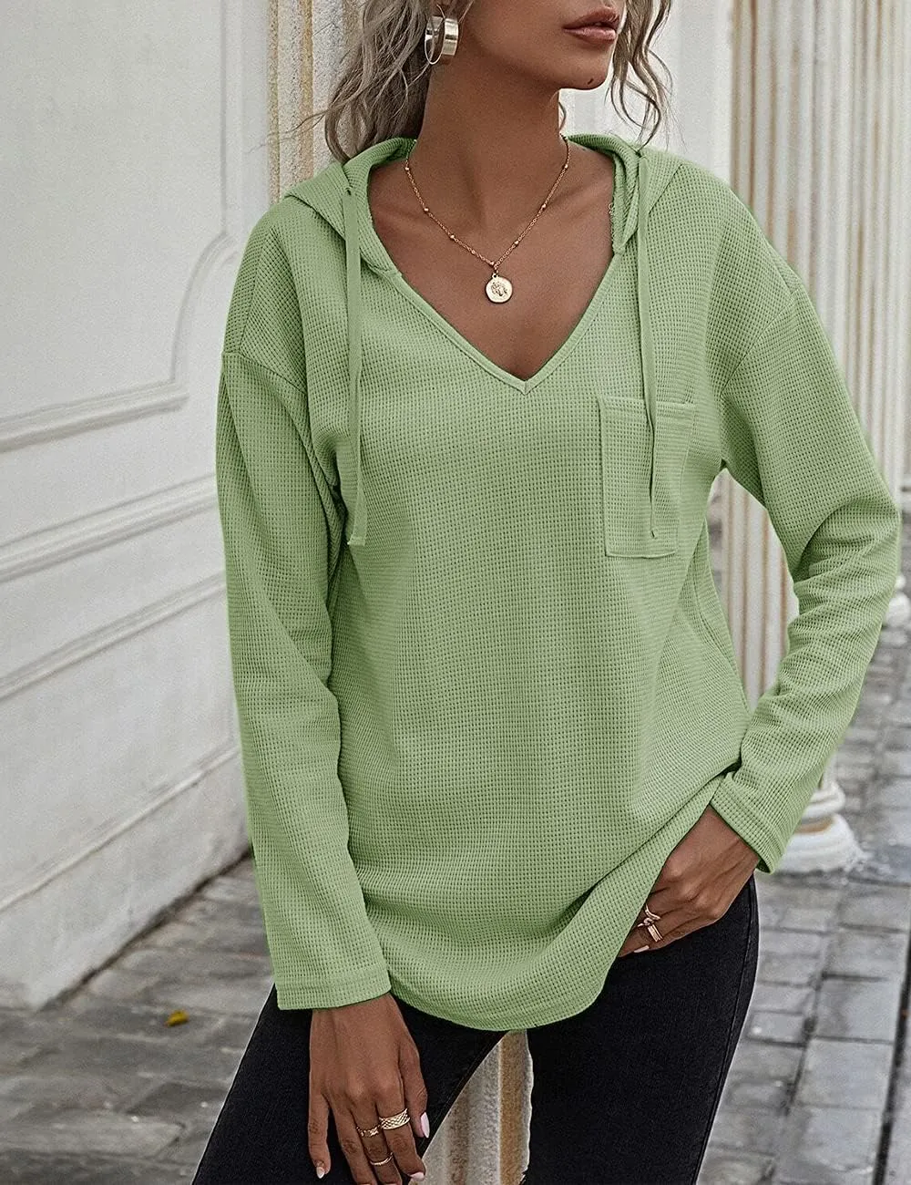 Women's V Neck Hoodies Long Sleeve Sweatshirt Drawstring Pullover Tops with Pocket