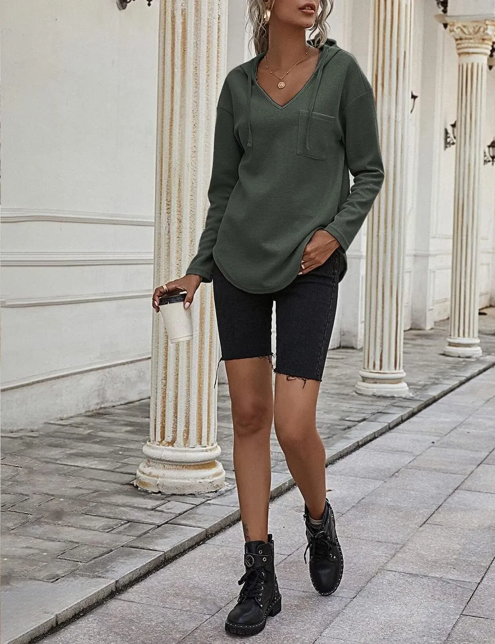 Women's V Neck Hoodies Long Sleeve Sweatshirt Drawstring Pullover Tops with Pocket