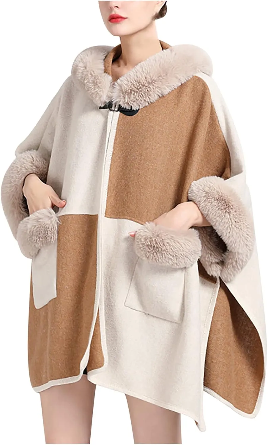 Women's Warm Faux Fur Trim Layer Cardigan Cloak Shawl Wraps Coat Cold Weather Shawls Oversized Cape
