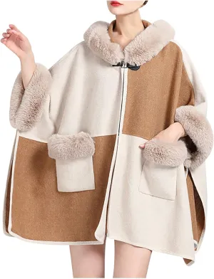 Women's Warm Faux Fur Trim Layer Cardigan Cloak Shawl Wraps Coat Cold Weather Shawls Oversized Cape