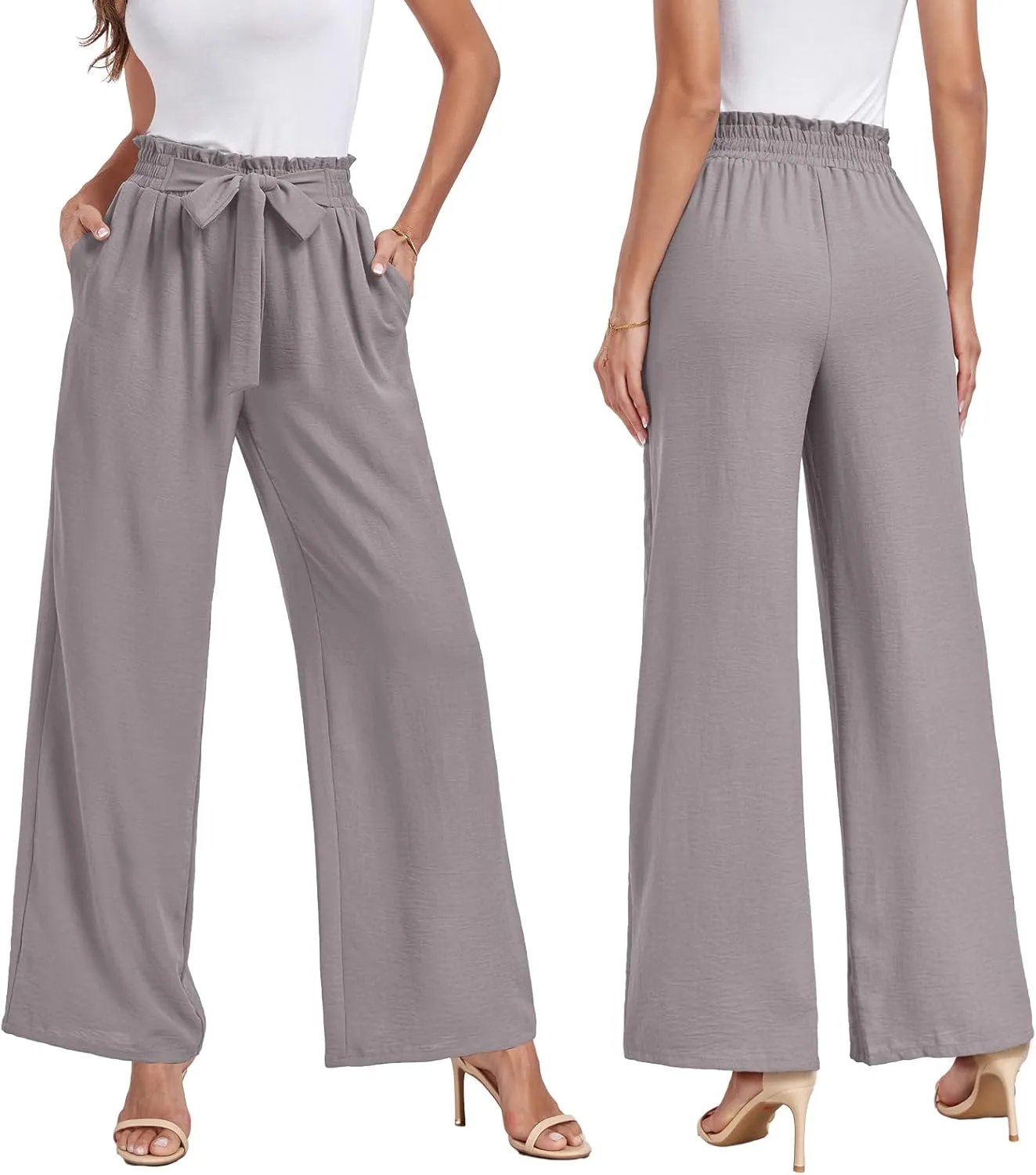 Womens Wide Leg Pants High Waist Flowy Adjustable Knot Loose Trousers Casuals Lounge Business Pants with Pockets