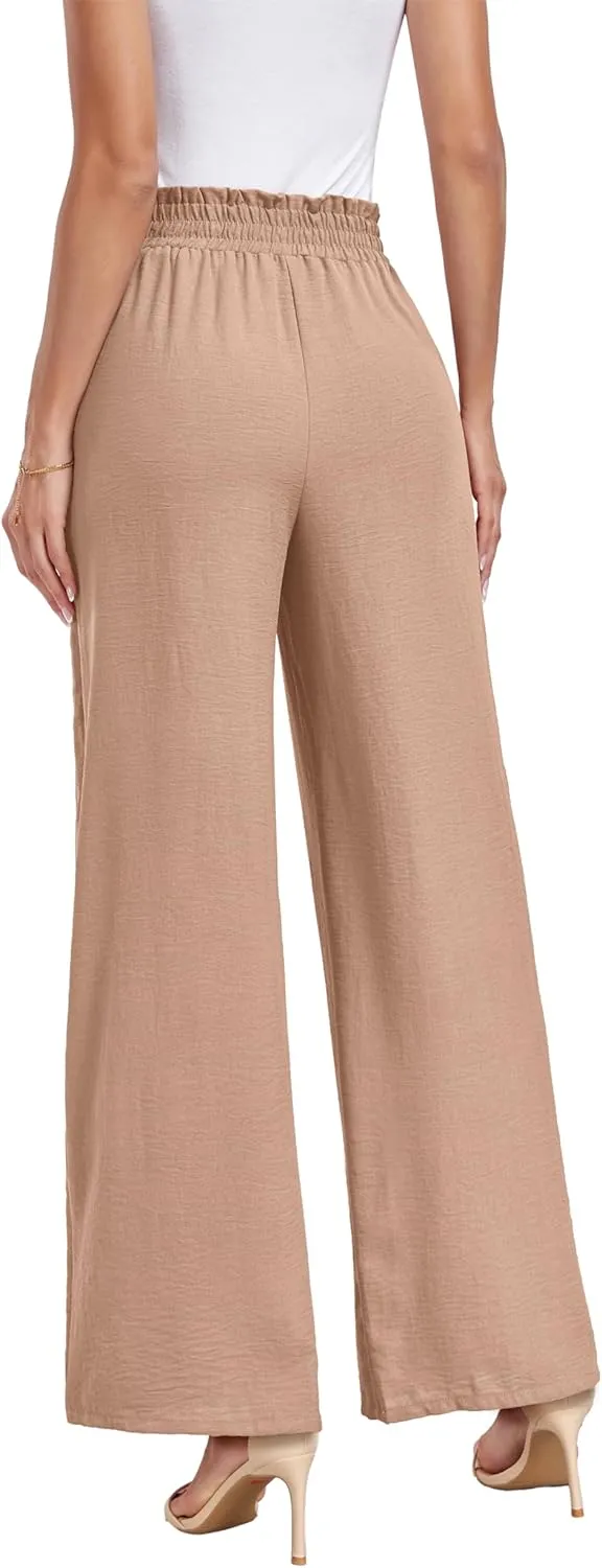 Womens Wide Leg Pants High Waist Flowy Adjustable Knot Loose Trousers Casuals Lounge Business Pants with Pockets