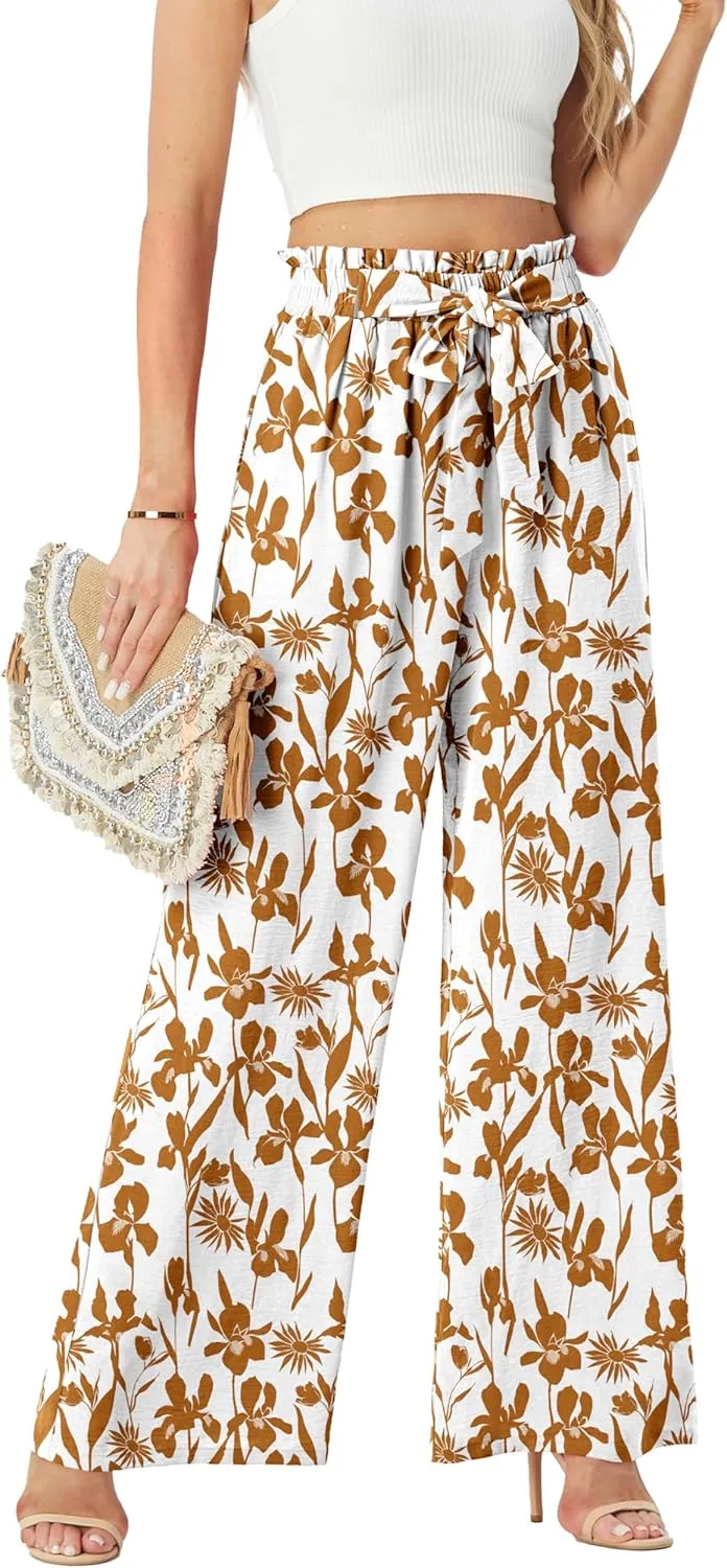 Womens Wide Leg Pants High Waist Flowy Adjustable Knot Loose Trousers Casuals Lounge Business Pants with Pockets