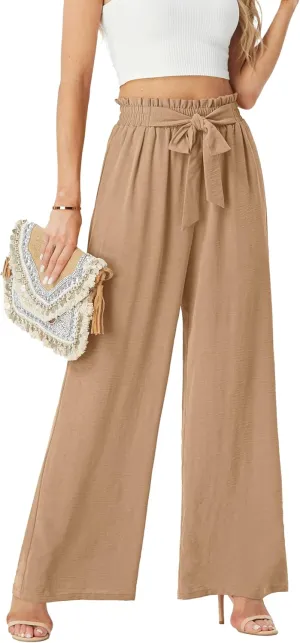 Womens Wide Leg Pants High Waist Flowy Adjustable Knot Loose Trousers Casuals Lounge Business Pants with Pockets
