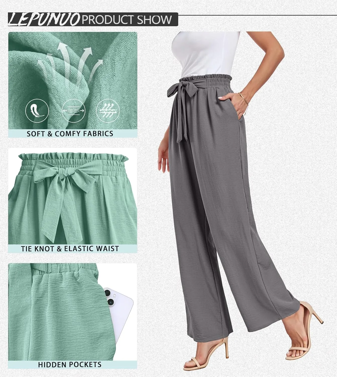 Womens Wide Leg Pants High Waist Flowy Adjustable Knot Loose Trousers Casuals Lounge Business Pants with Pockets
