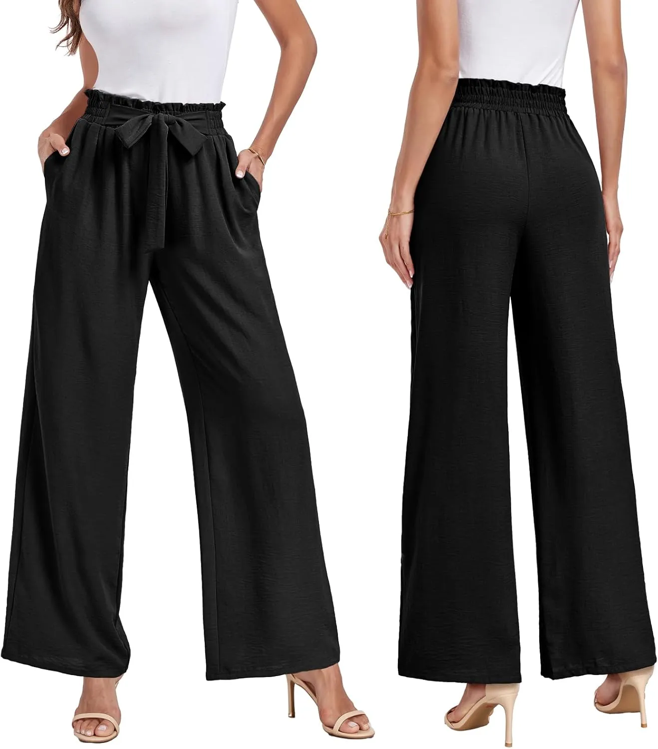 Womens Wide Leg Pants High Waist Flowy Adjustable Knot Loose Trousers Casuals Lounge Business Pants with Pockets