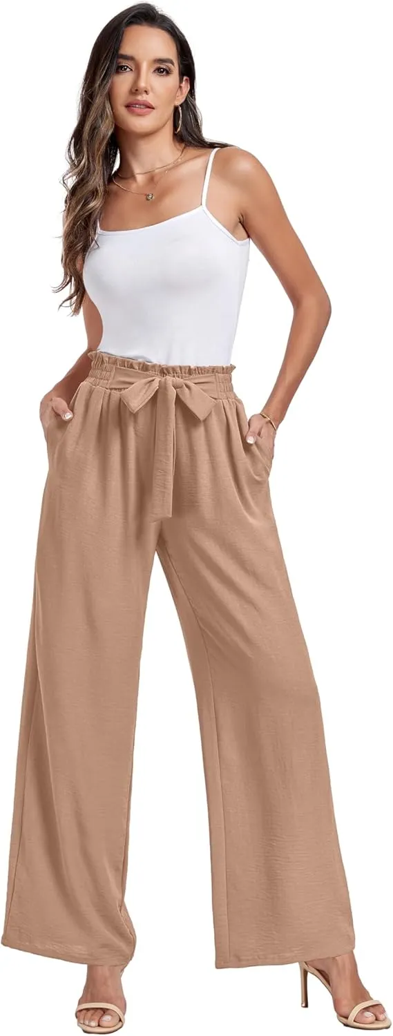 Womens Wide Leg Pants High Waist Flowy Adjustable Knot Loose Trousers Casuals Lounge Business Pants with Pockets