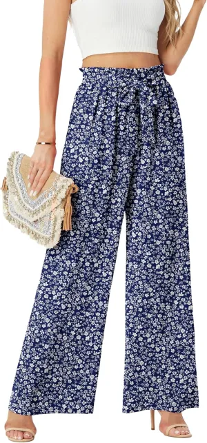 Womens Wide Leg Pants High Waist Flowy Adjustable Knot Loose Trousers Casuals Lounge Business Pants with Pockets
