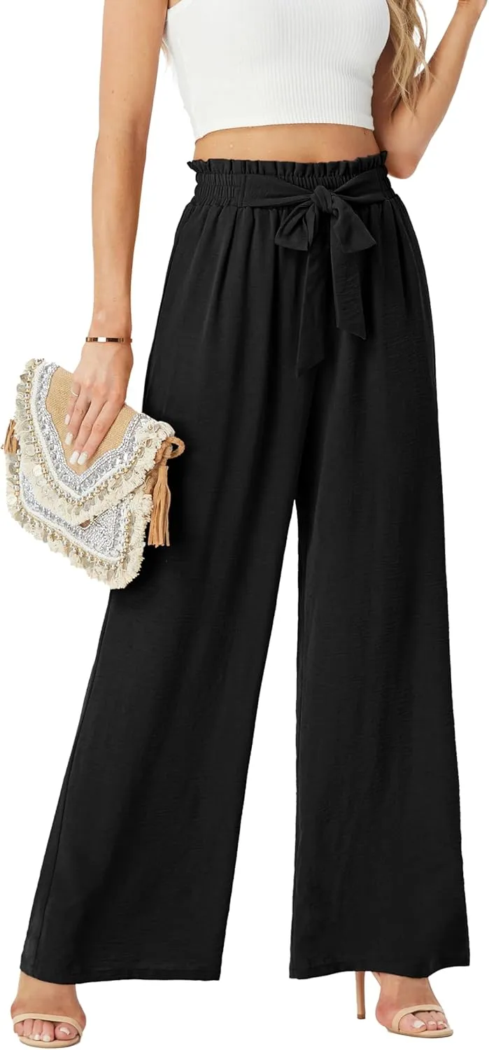 Womens Wide Leg Pants High Waist Flowy Adjustable Knot Loose Trousers Casuals Lounge Business Pants with Pockets