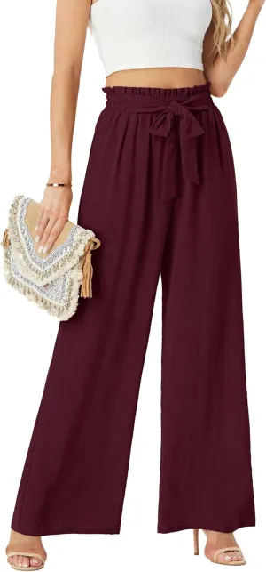Womens Wide Leg Pants High Waist Flowy Adjustable Knot Loose Trousers Casuals Lounge Business Pants with Pockets