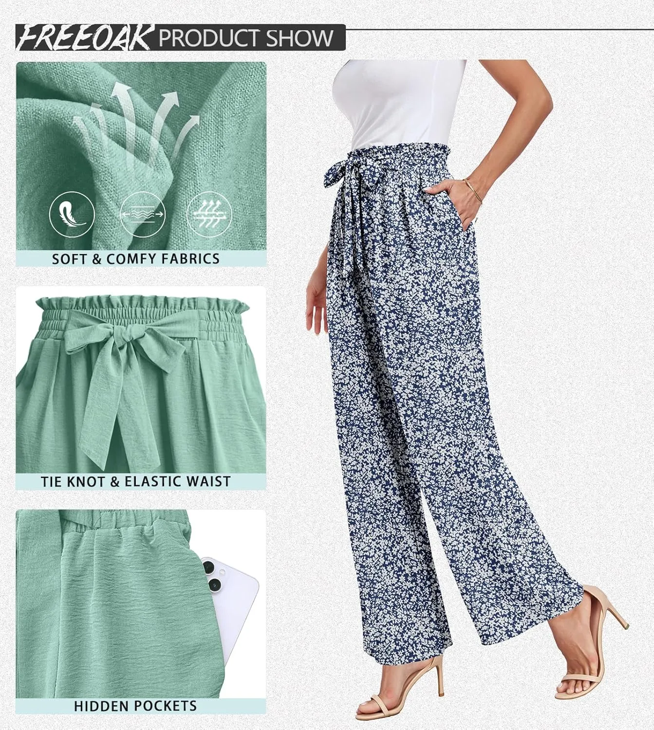 Womens Wide Leg Pants High Waist Flowy Adjustable Knot Loose Trousers Casuals Lounge Business Pants with Pockets