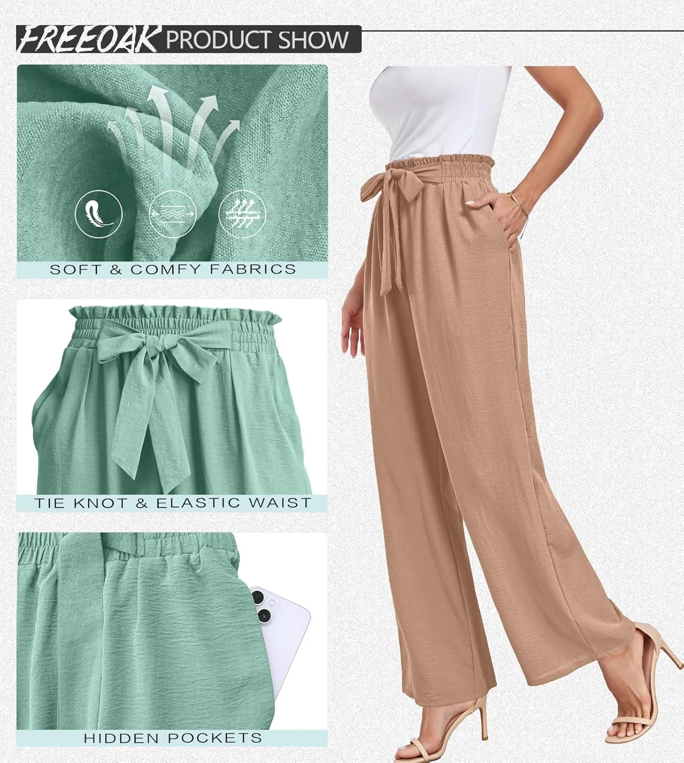 Womens Wide Leg Pants High Waist Flowy Adjustable Knot Loose Trousers Casuals Lounge Business Pants with Pockets