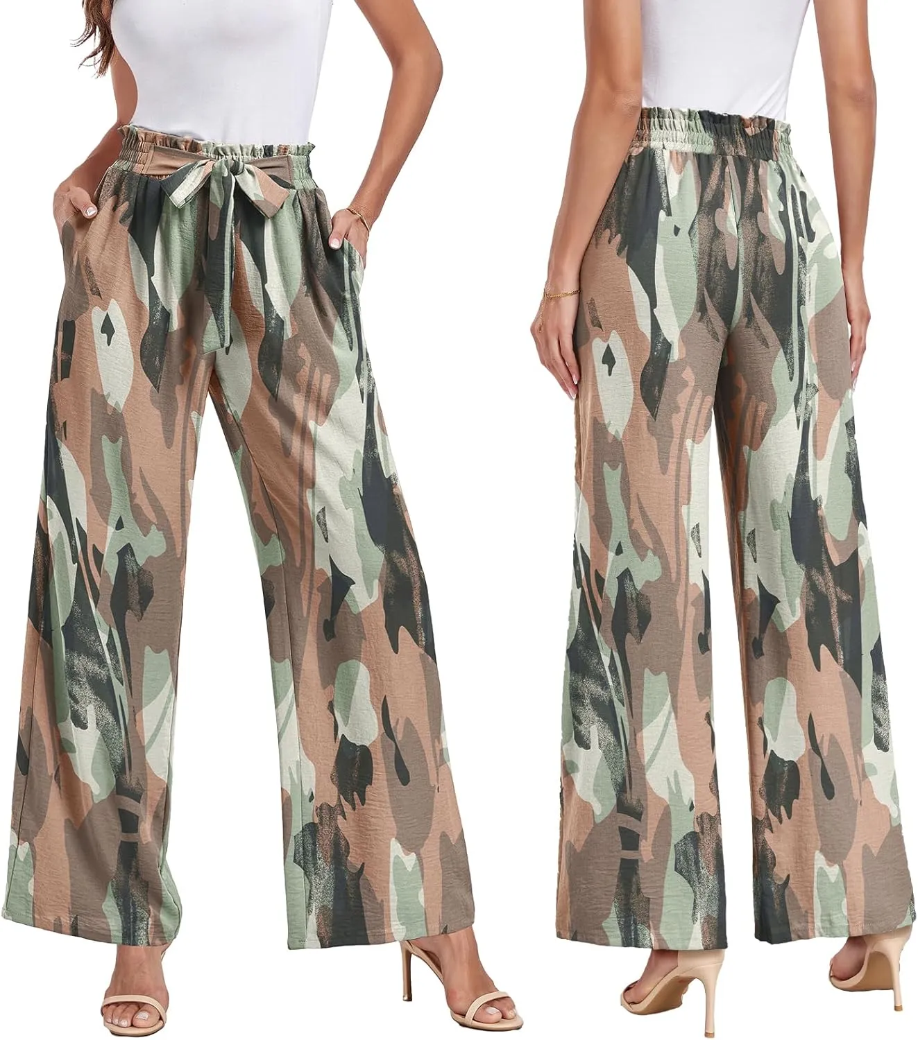 Womens Wide Leg Pants High Waist Flowy Adjustable Knot Loose Trousers Casuals Lounge Business Pants with Pockets