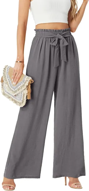 Womens Wide Leg Pants High Waist Flowy Adjustable Knot Loose Trousers Casuals Lounge Business Pants with Pockets