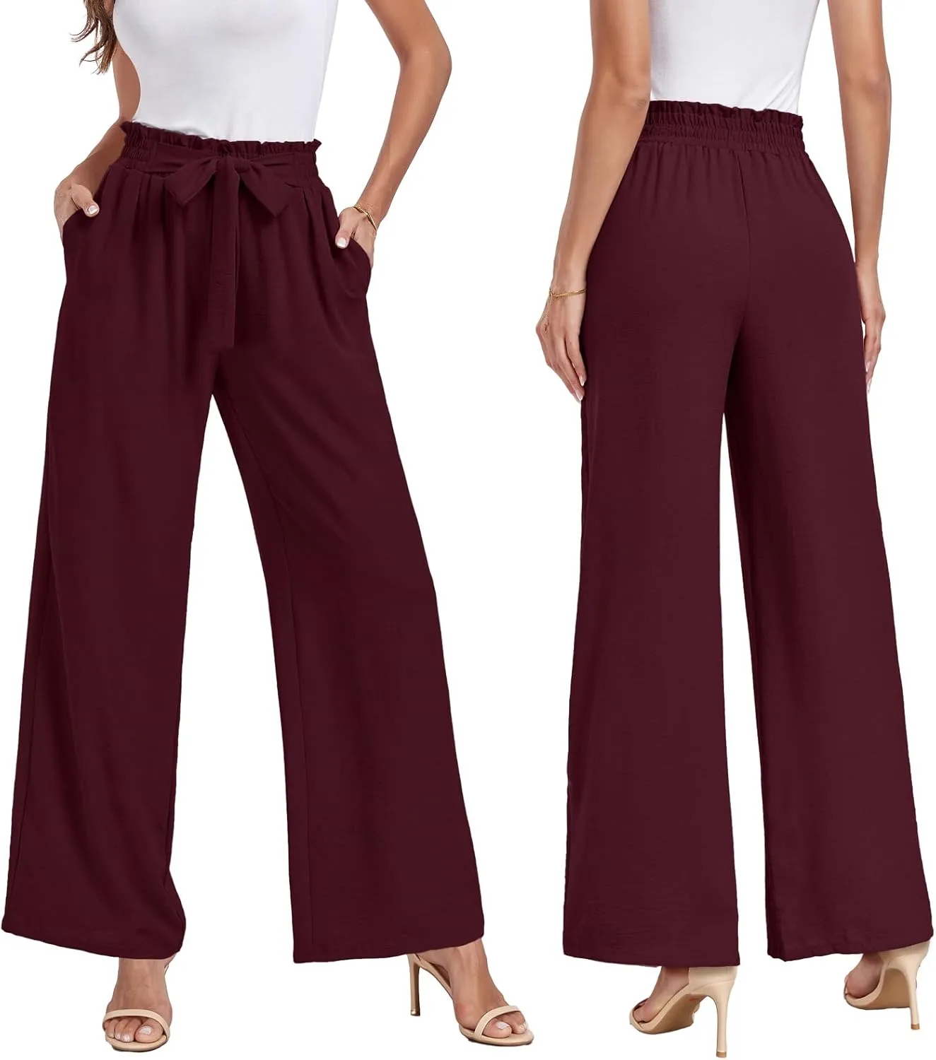 Womens Wide Leg Pants High Waist Flowy Adjustable Knot Loose Trousers Casuals Lounge Business Pants with Pockets