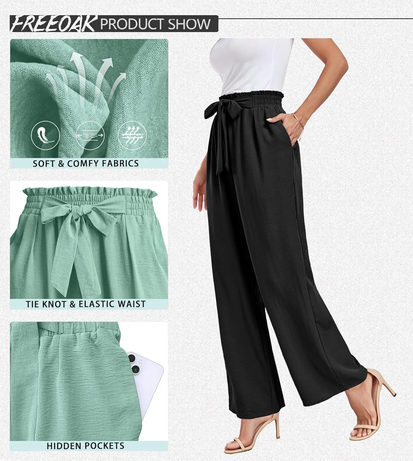 Womens Wide Leg Pants High Waist Flowy Adjustable Knot Loose Trousers Casuals Lounge Business Pants with Pockets