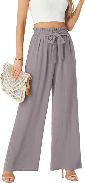 Womens Wide Leg Pants High Waist Flowy Adjustable Knot Loose Trousers Casuals Lounge Business Pants with Pockets