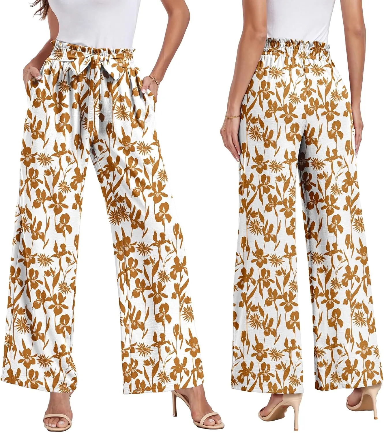 Womens Wide Leg Pants High Waist Flowy Adjustable Knot Loose Trousers Casuals Lounge Business Pants with Pockets