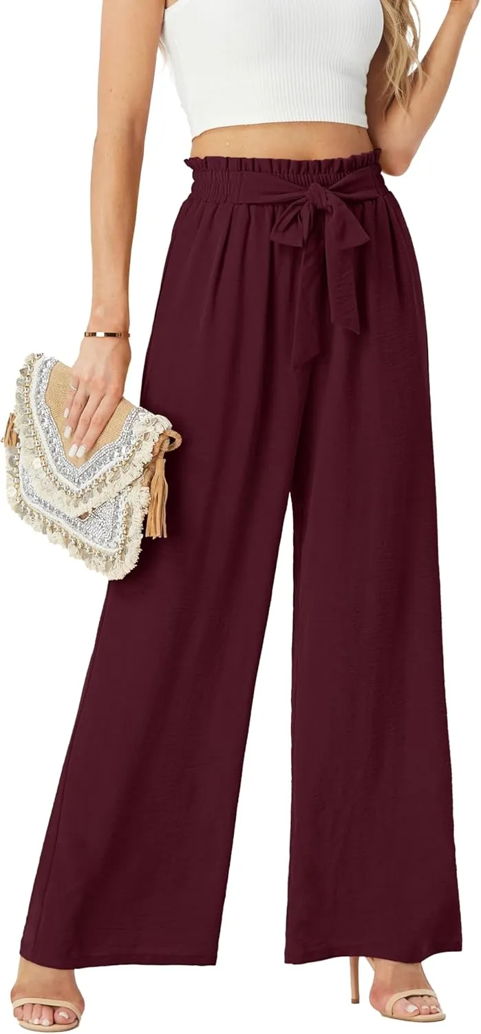 Womens Wide Leg Pants High Waist Flowy Adjustable Knot Loose Trousers Casuals Lounge Business Pants with Pockets