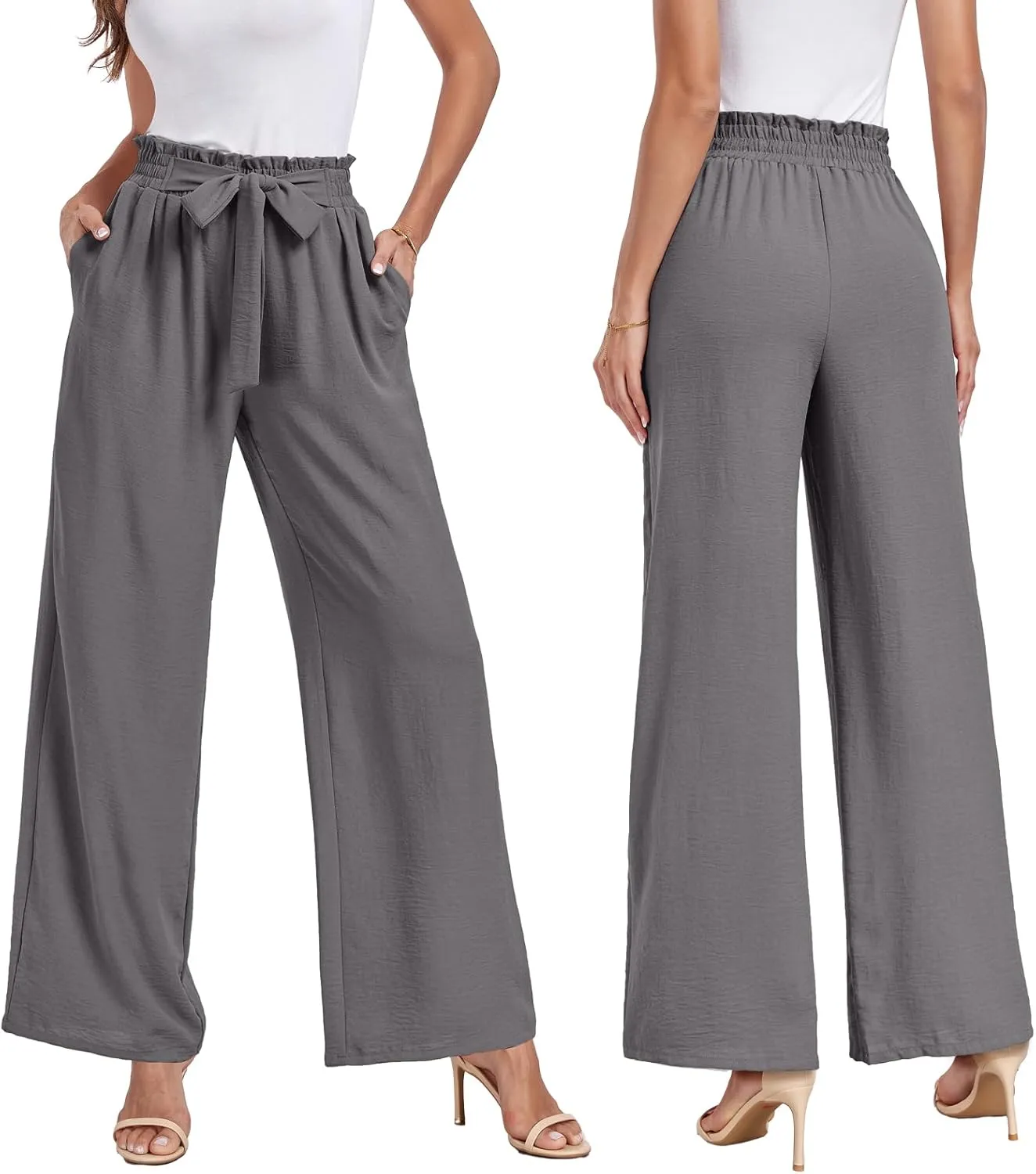 Womens Wide Leg Pants High Waist Flowy Adjustable Knot Loose Trousers Casuals Lounge Business Pants with Pockets
