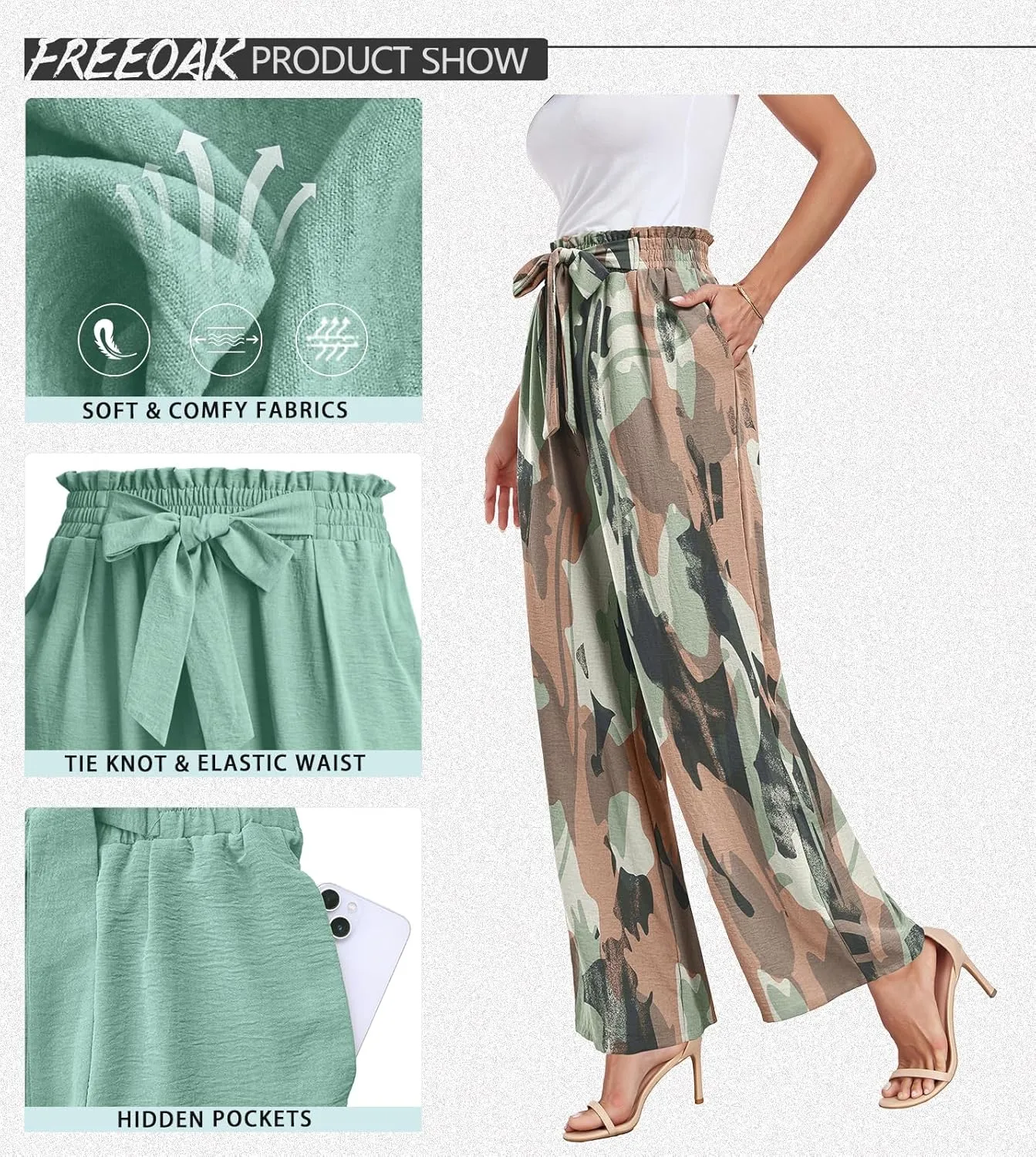 Womens Wide Leg Pants High Waist Flowy Adjustable Knot Loose Trousers Casuals Lounge Business Pants with Pockets