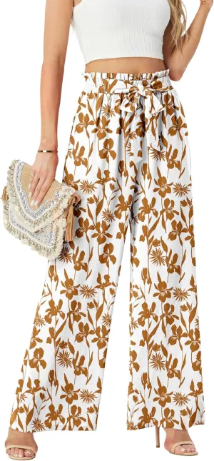 Womens Wide Leg Pants High Waist Flowy Adjustable Knot Loose Trousers Casuals Lounge Business Pants with Pockets