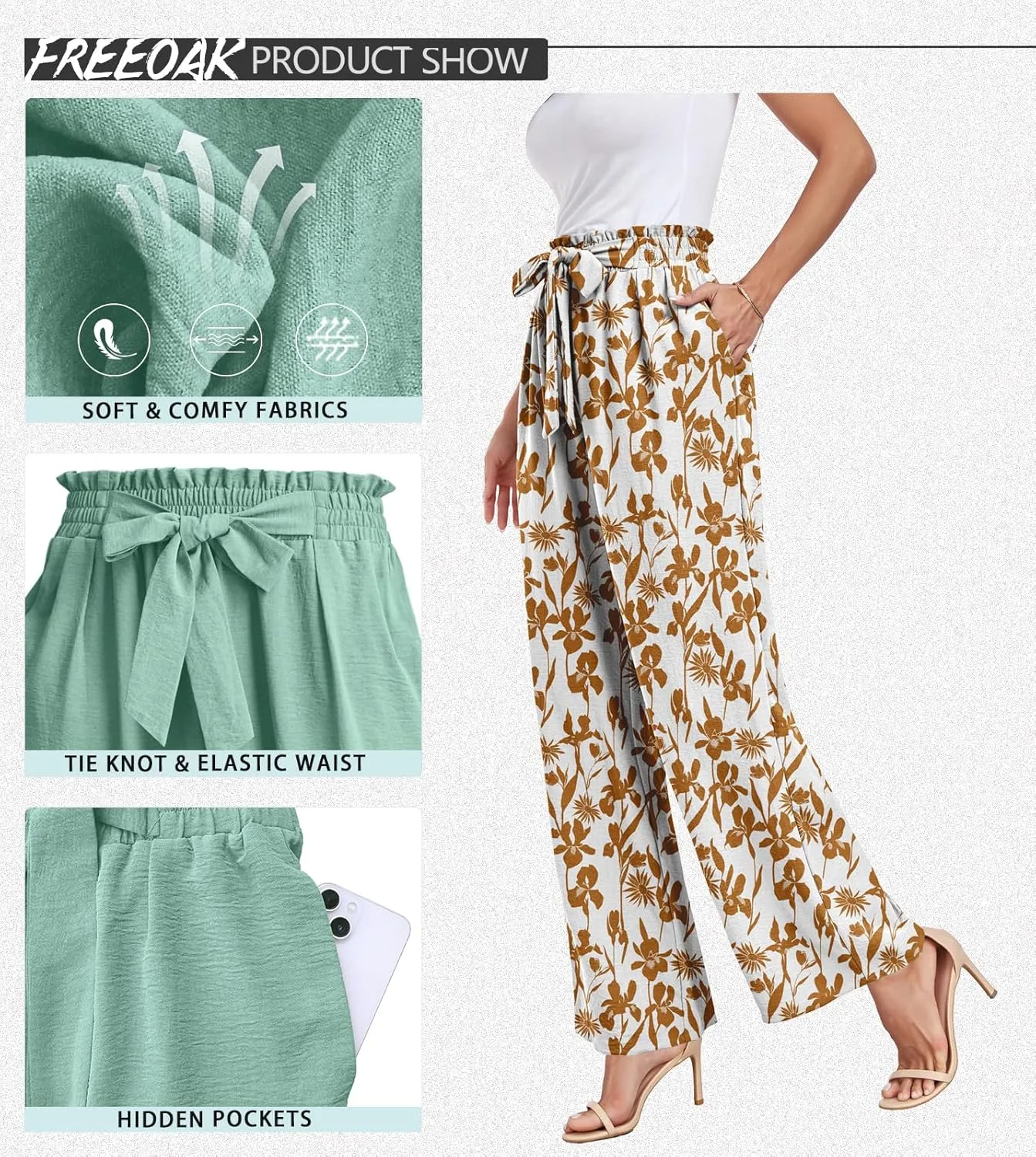 Womens Wide Leg Pants High Waist Flowy Adjustable Knot Loose Trousers Casuals Lounge Business Pants with Pockets