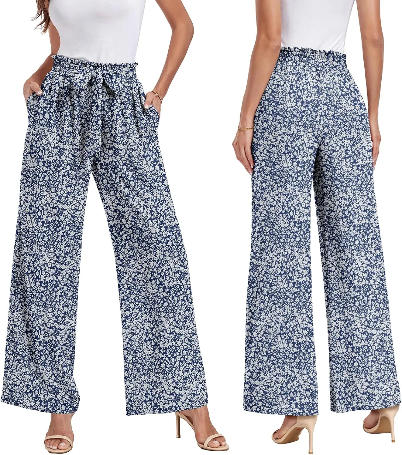 Womens Wide Leg Pants High Waist Flowy Adjustable Knot Loose Trousers Casuals Lounge Business Pants with Pockets
