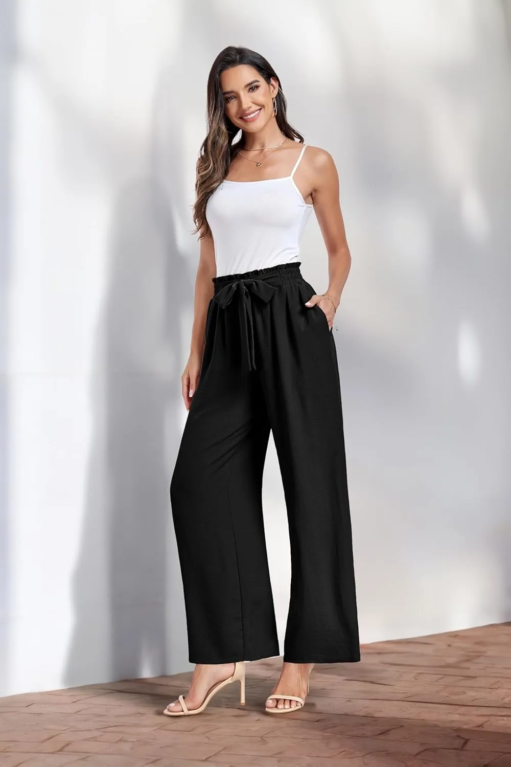 Womens Wide Leg Pants High Waist Flowy Adjustable Knot Loose Trousers Casuals Lounge Business Pants with Pockets